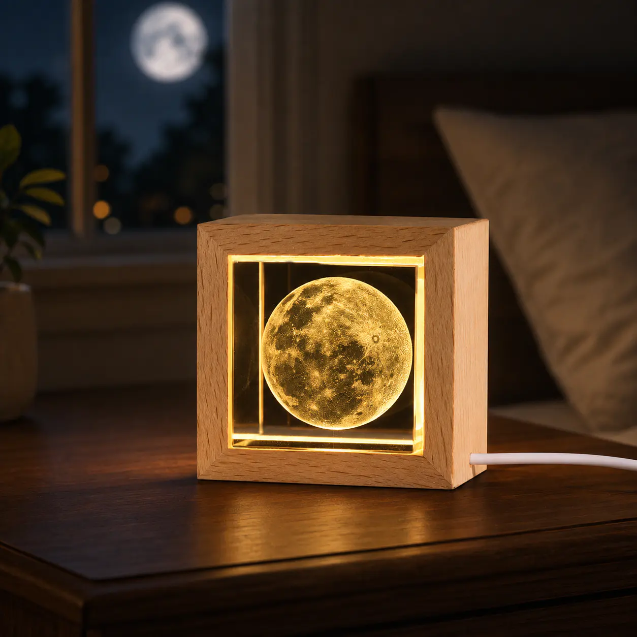 Wood-Framed Crystal Cube Night Light