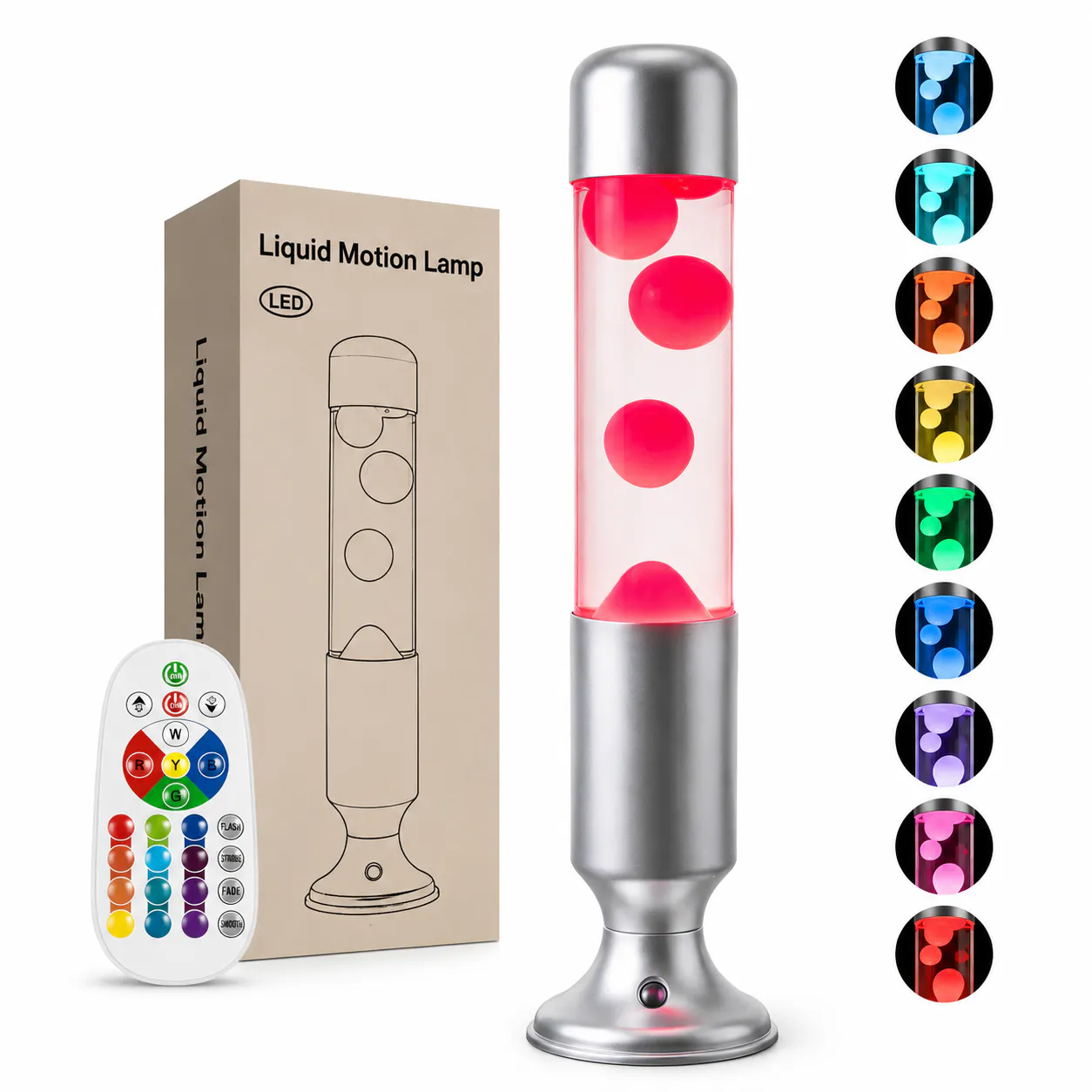 Cylindrical RGB lava lamp with remote control and purple wax display
