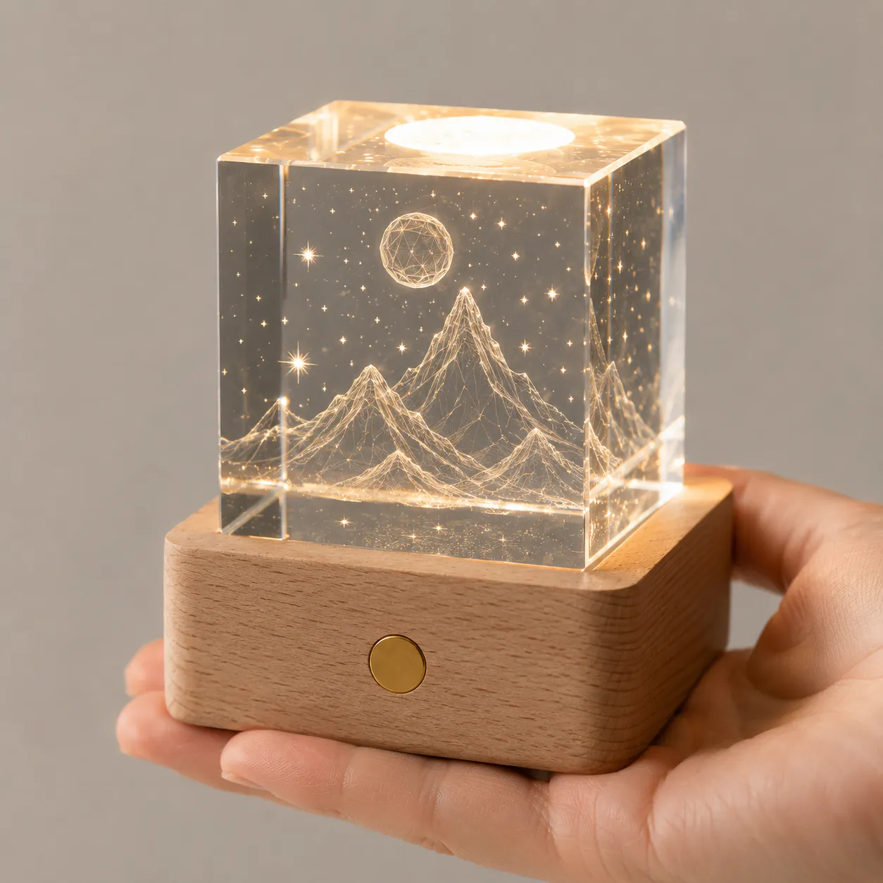 Wood base crystal cube night light with astronaut and moon engraving