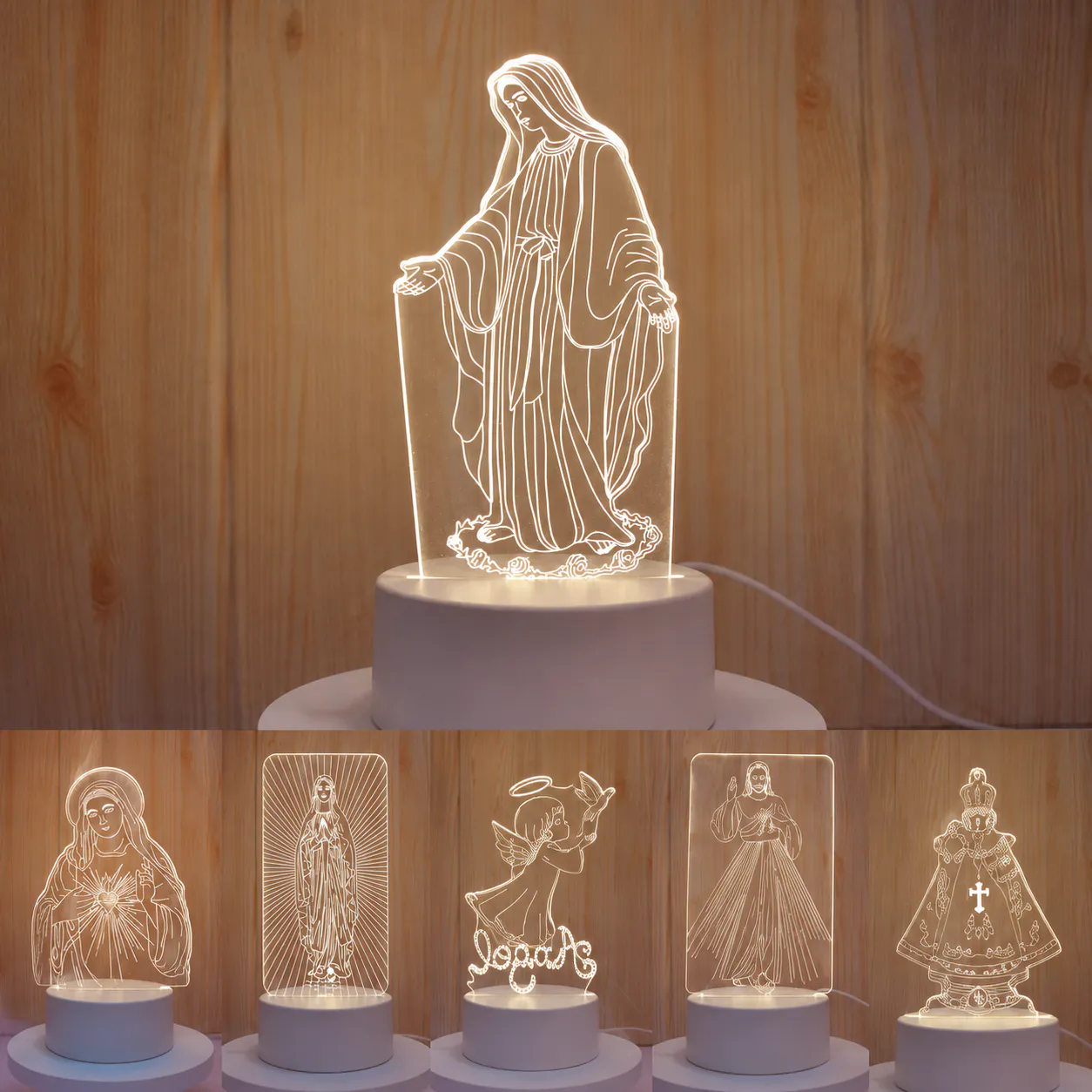 Warm white acrylic illusion night light with engraved religious figure