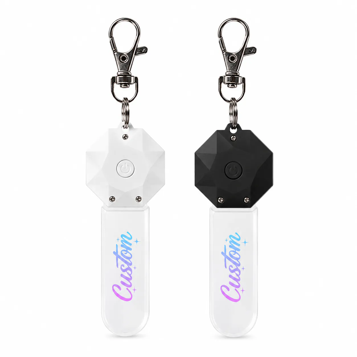 Octagonal black and white RGB acrylic keychains with metal snap hooks