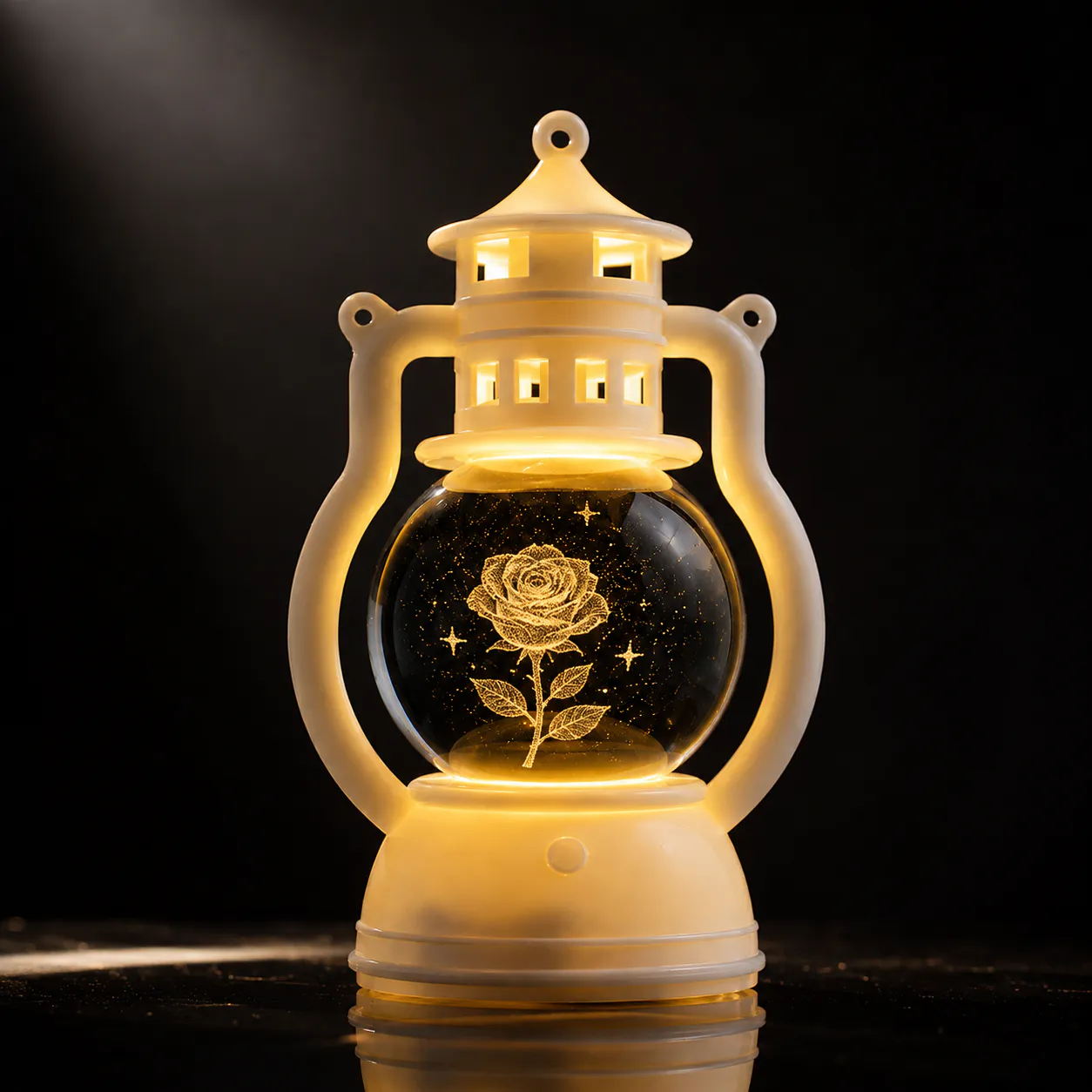 Lantern crystal ball night light with warm illuminated galaxy engraving
