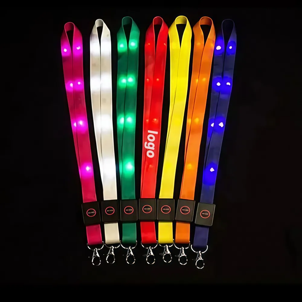 Flashing LED fabric lanyards in multiple bright colors with metal clips