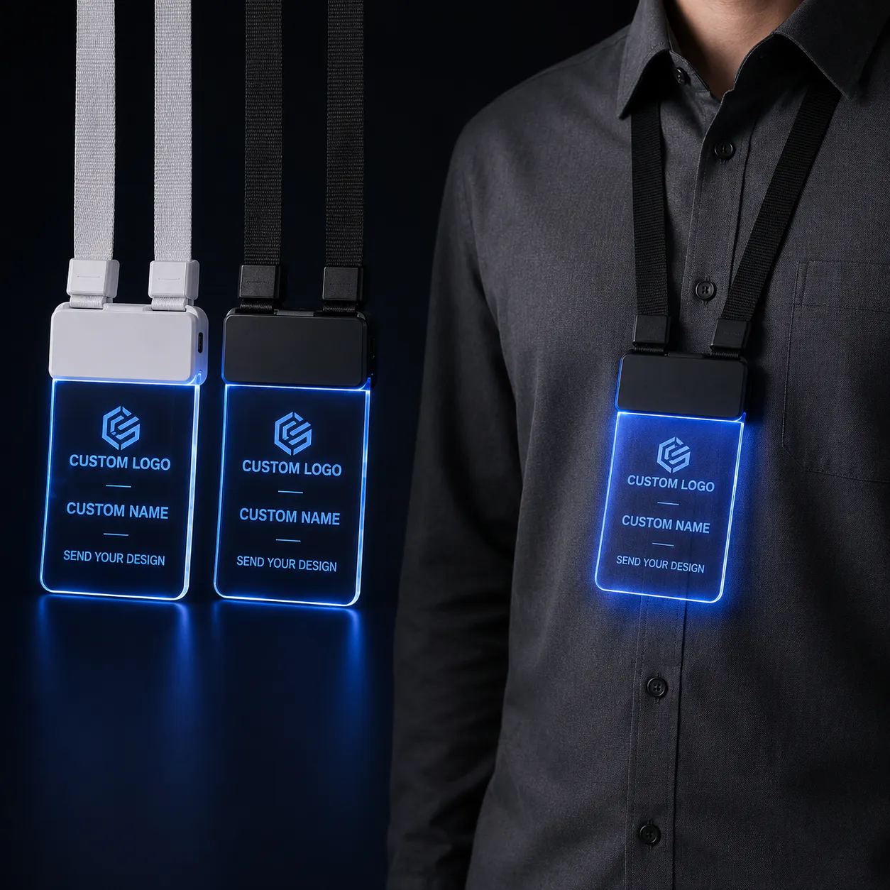 Clear acrylic name badges with black and white housings and lanyards