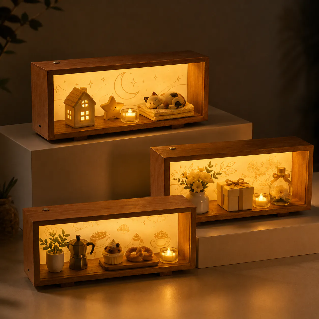 Wooden display light boxes with warm illuminated back panels