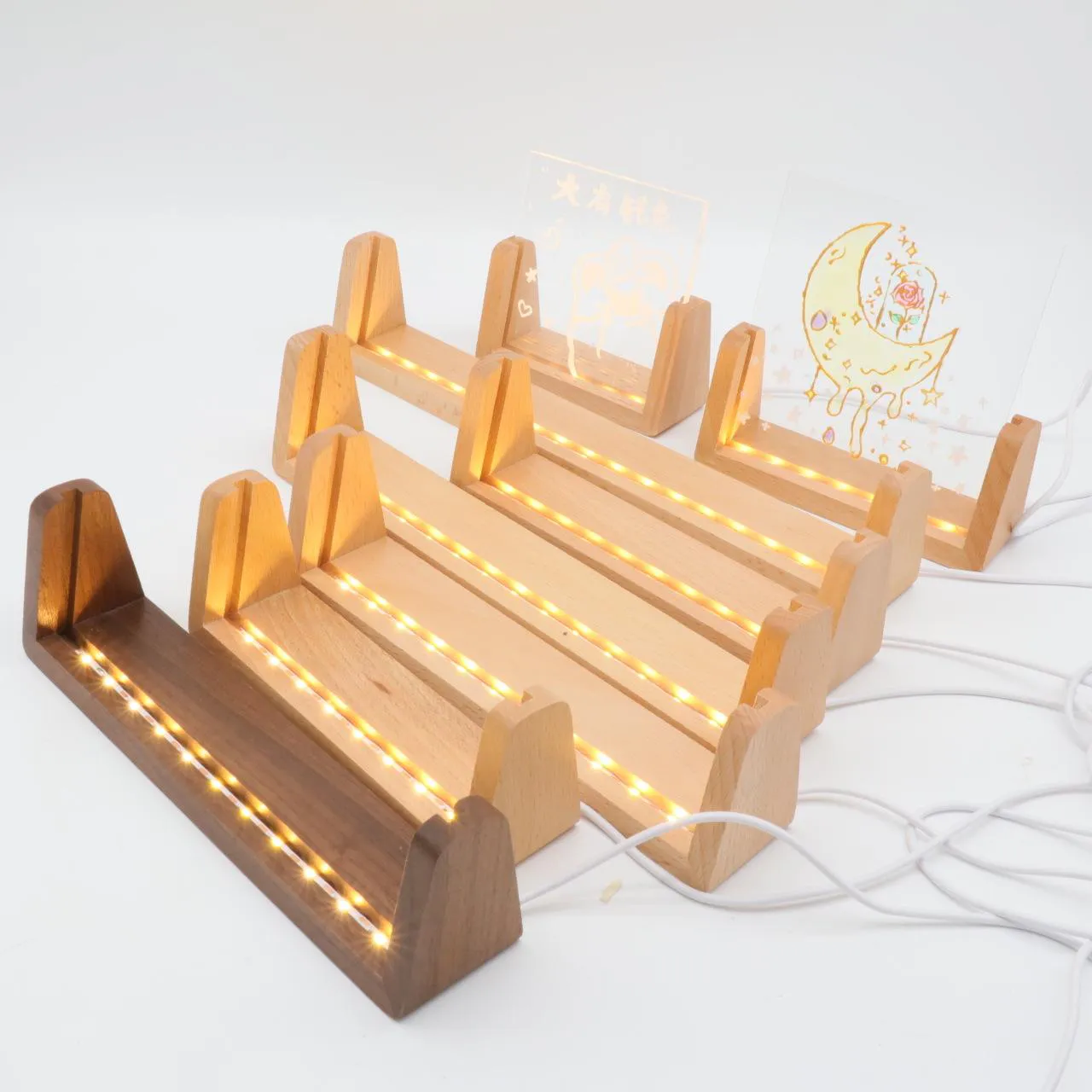 U-shaped beech wood LED lamp base for acrylic panel display