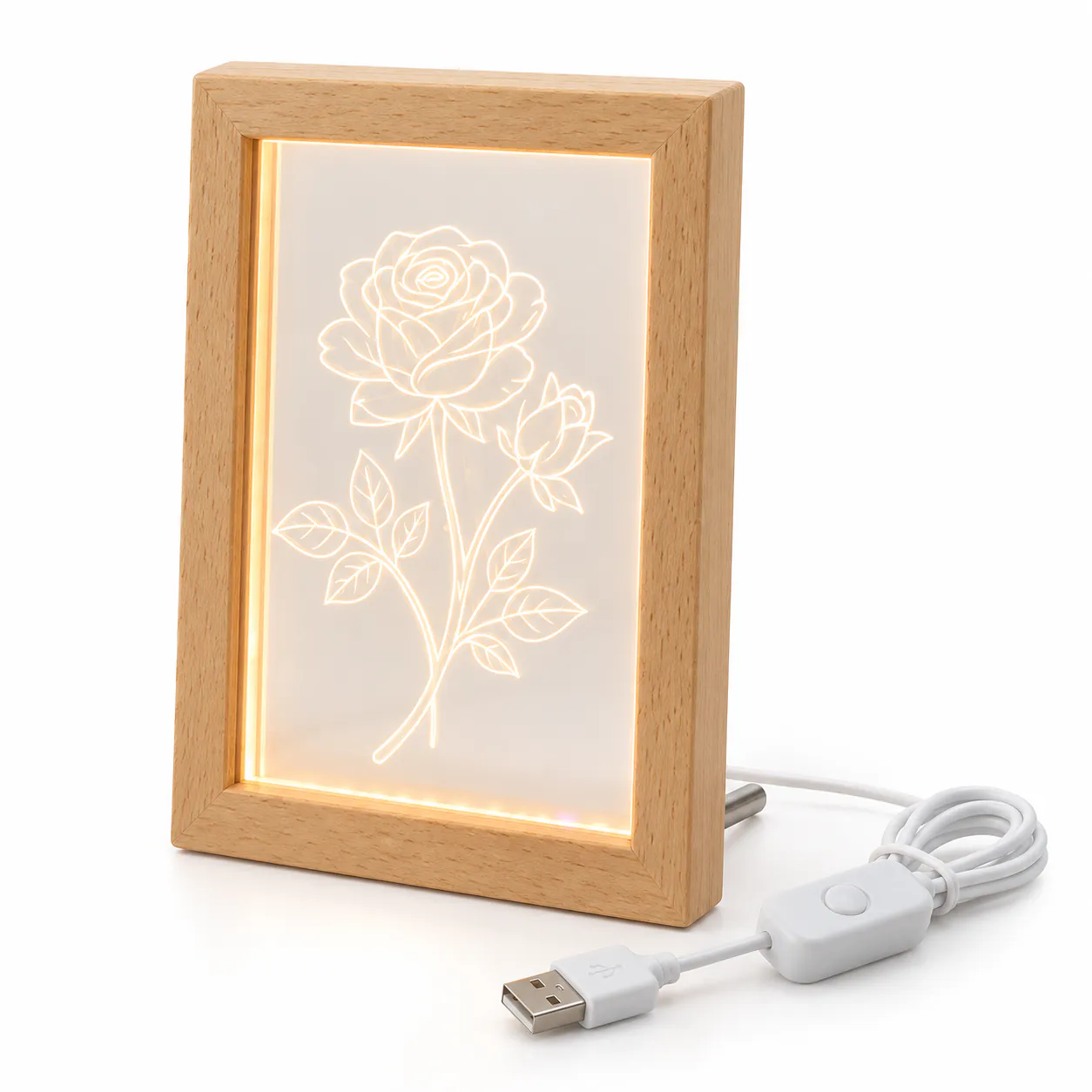 Beech wood acrylic light-up frames with heart couple and floral artwork