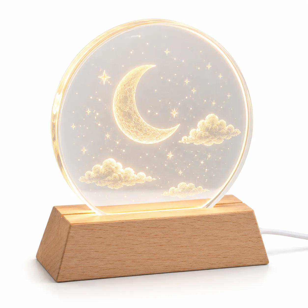 Wood base crystal disc night light with personalized moon and stars engraving