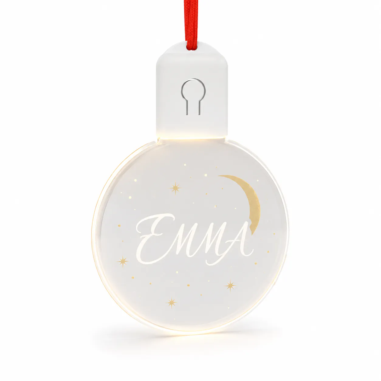 Warm illuminated acrylic hanging light with personalized EMMA moon and stars design