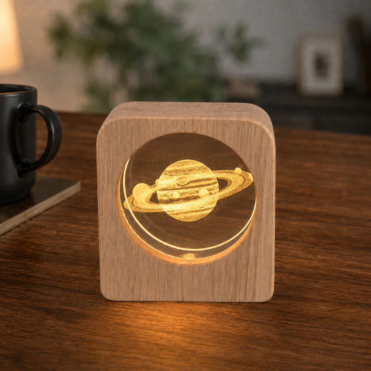Square frame crystal disc night light with illuminated four-leaf clover engraving
