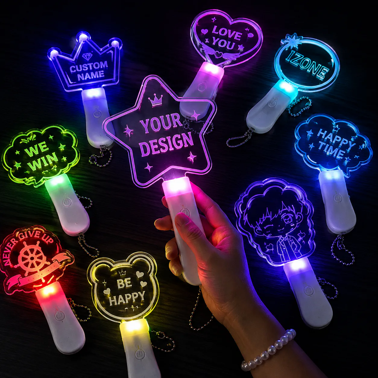 Colorful custom acrylic LED light sticks with crown heart star and speech-bubble shapes