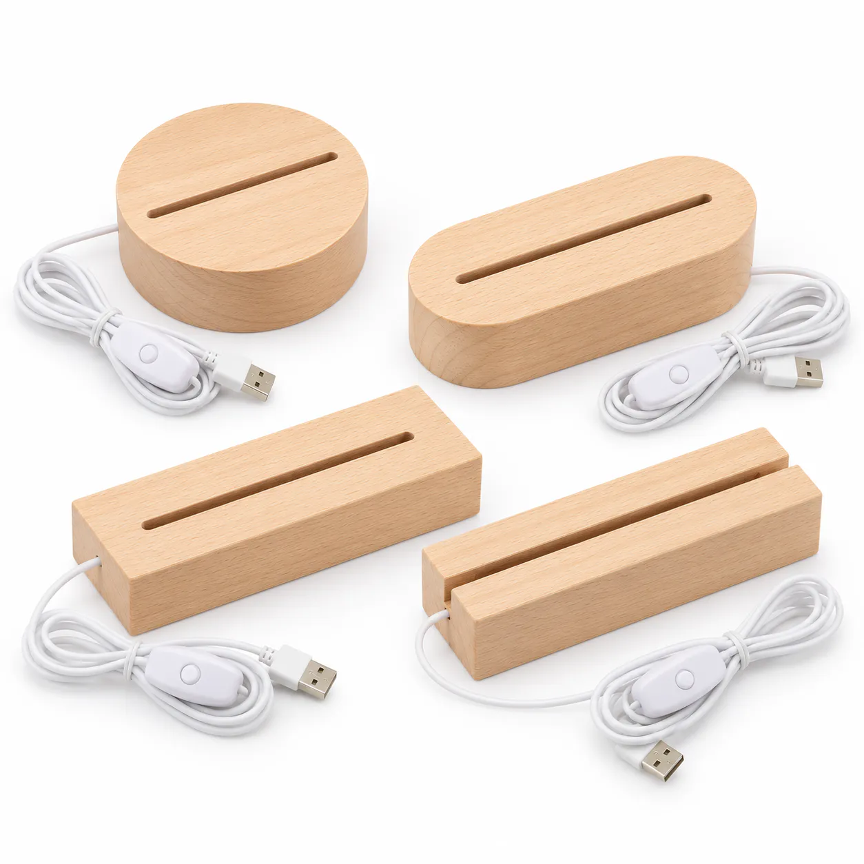 Beech wood acrylic lamp bases in rectangular oval and round shapes with USB cables