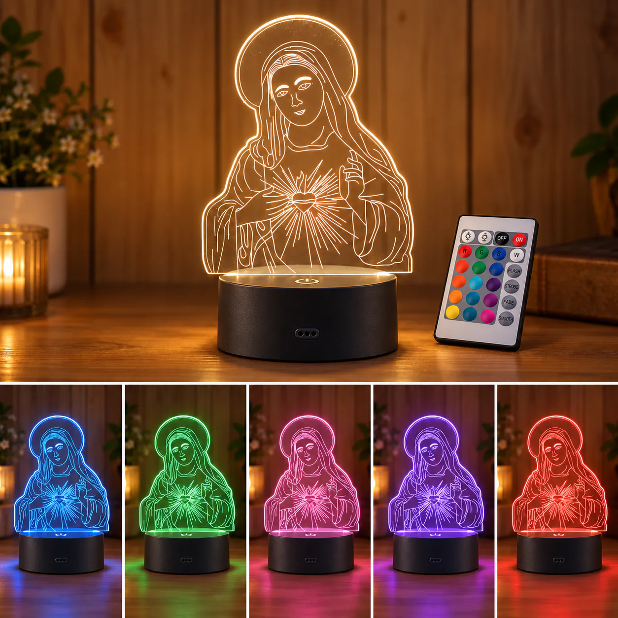 RGB acrylic 3D illusion night light with religious figure artwork and black LED base