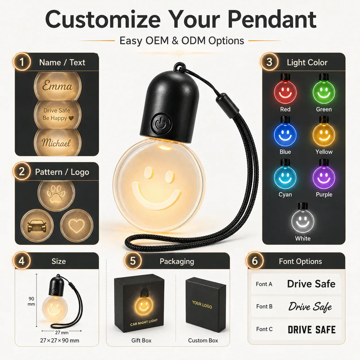 Customization options for an illuminated acrylic pendant